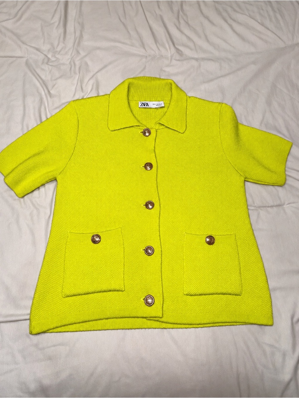 Zara Neon Yellow Short-Sleeve Button Cardigan Jacket